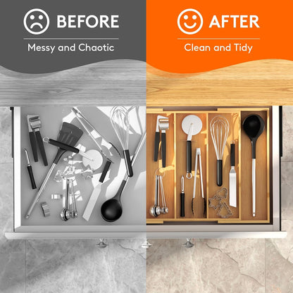 Utensil Organizer for Kitchen Drawer, Expandable Cooking Utensil Tray, Cutlery Silverware Flatware Holder, Wood Adjustable Spatula Tools Storage Divider, 8.9-15.8 x 15.75, Natural