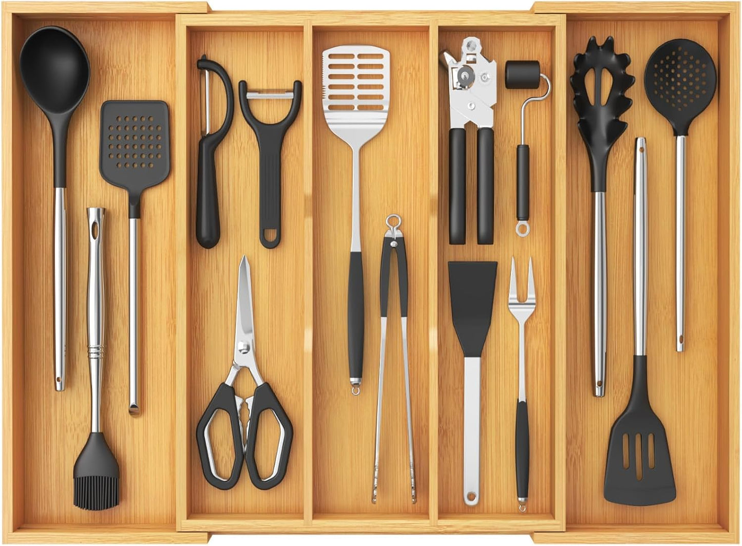 Utensil Organizer for Kitchen Drawer, Expandable Cooking Utensil Tray, Cutlery Silverware Flatware Holder, Wood Adjustable Spatula Tools Storage Divider, 8.9-15.8 x 15.75, Natural