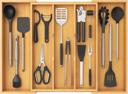Utensil Organizer for Kitchen Drawer, Expandable Cooking Utensil Tray, Cutlery Silverware Flatware Holder, Wood Adjustable Spatula Tools Storage Divider, 8.9-15.8 x 15.75, Natural