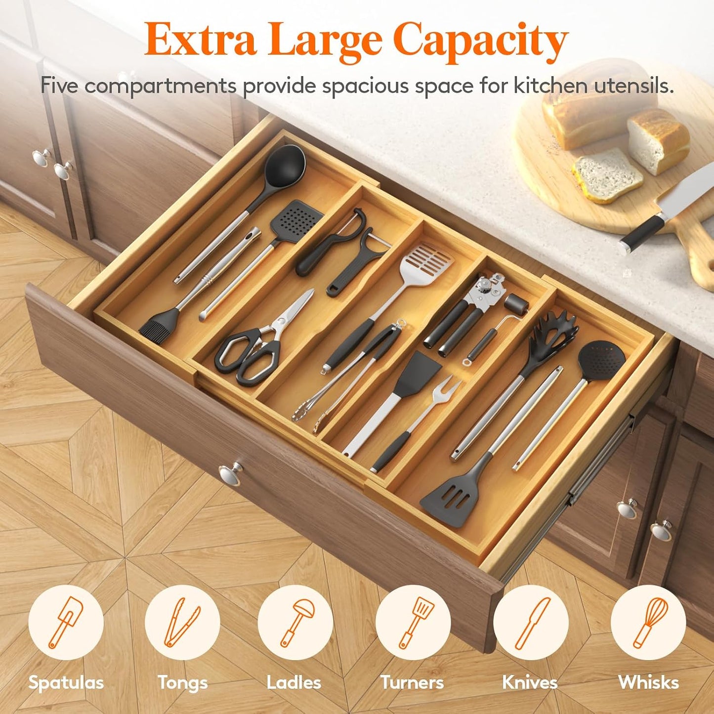 Utensil Organizer for Kitchen Drawer, Expandable Cooking Utensil Tray, Cutlery Silverware Flatware Holder, Wood Adjustable Spatula Tools Storage Divider, 8.9-15.8 x 15.75, Natural