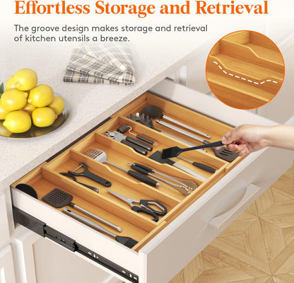 Utensil Organizer for Kitchen Drawer, Expandable Cooking Utensil Tray, Cutlery Silverware Flatware Holder, Wood Adjustable Spatula Tools Storage Divider, 8.9-15.8 x 15.75, Natural