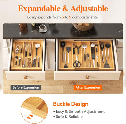 Utensil Organizer for Kitchen Drawer, Expandable Cooking Utensil Tray, Cutlery Silverware Flatware Holder, Wood Adjustable Spatula Tools Storage Divider, 8.9-15.8 x 15.75, Natural