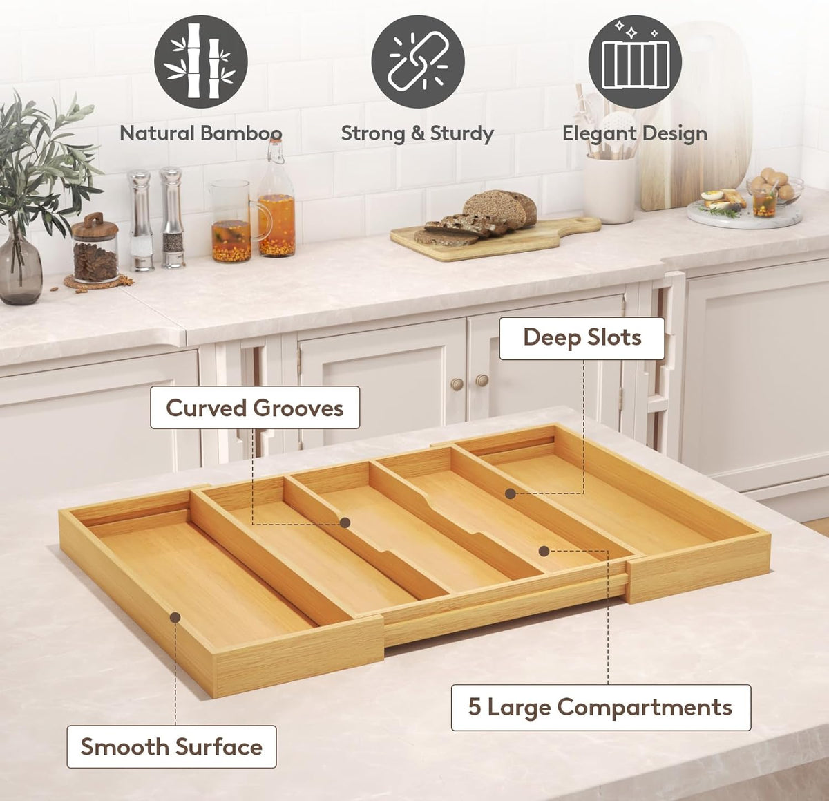 Utensil Organizer for Kitchen Drawer, Expandable Cooking Utensil Tray, Cutlery Silverware Flatware Holder, Wood Adjustable Spatula Tools Storage Divider, 8.9-15.8 x 15.75, Natural