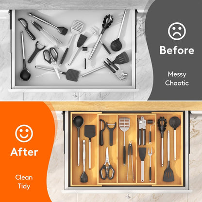 Utensil Organizer for Kitchen Drawer, Expandable Cooking Utensil Tray, Cutlery Silverware Flatware Holder, Wood Adjustable Spatula Tools Storage Divider, 8.9-15.8 x 15.75, Natural