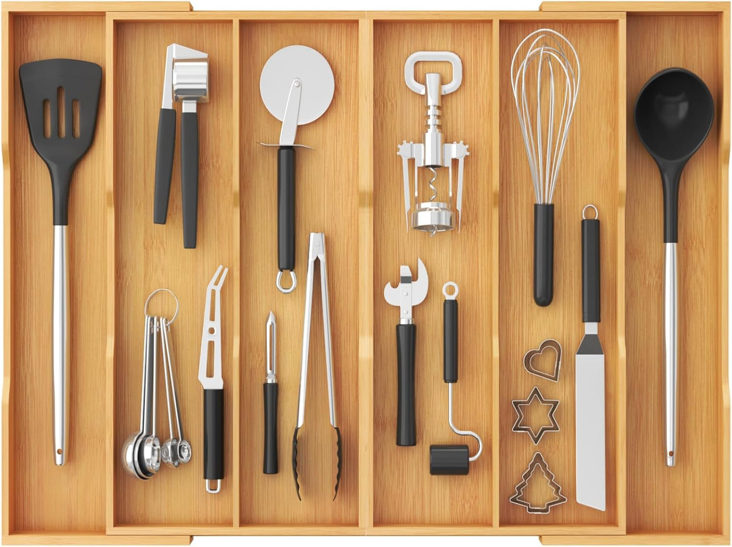 Utensil Organizer for Kitchen Drawer, Expandable Cooking Utensil Tray, Cutlery Silverware Flatware Holder, Wood Adjustable Spatula Tools Storage Divider, 8.9-15.8 x 15.75, Natural