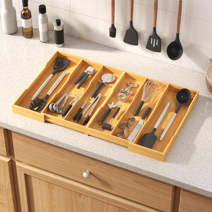 Utensil Organizer for Kitchen Drawer, Expandable Cooking Utensil Tray, Cutlery Silverware Flatware Holder, Wood Adjustable Spatula Tools Storage Divider, 8.9-15.8 x 15.75, Natural