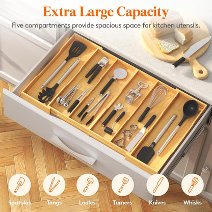 Utensil Organizer for Kitchen Drawer, Expandable Cooking Utensil Tray, Cutlery Silverware Flatware Holder, Wood Adjustable Spatula Tools Storage Divider, 8.9-15.8 x 15.75, Natural