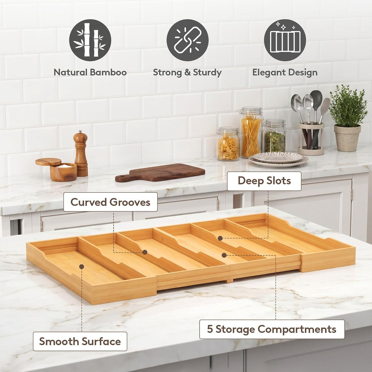 Utensil Organizer for Kitchen Drawer, Expandable Cooking Utensil Tray, Cutlery Silverware Flatware Holder, Wood Adjustable Spatula Tools Storage Divider, 8.9-15.8 x 15.75, Natural
