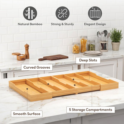 Utensil Organizer for Kitchen Drawer, Expandable Cooking Utensil Tray, Cutlery Silverware Flatware Holder, Wood Adjustable Spatula Tools Storage Divider, 8.9-15.8 x 15.75, Natural