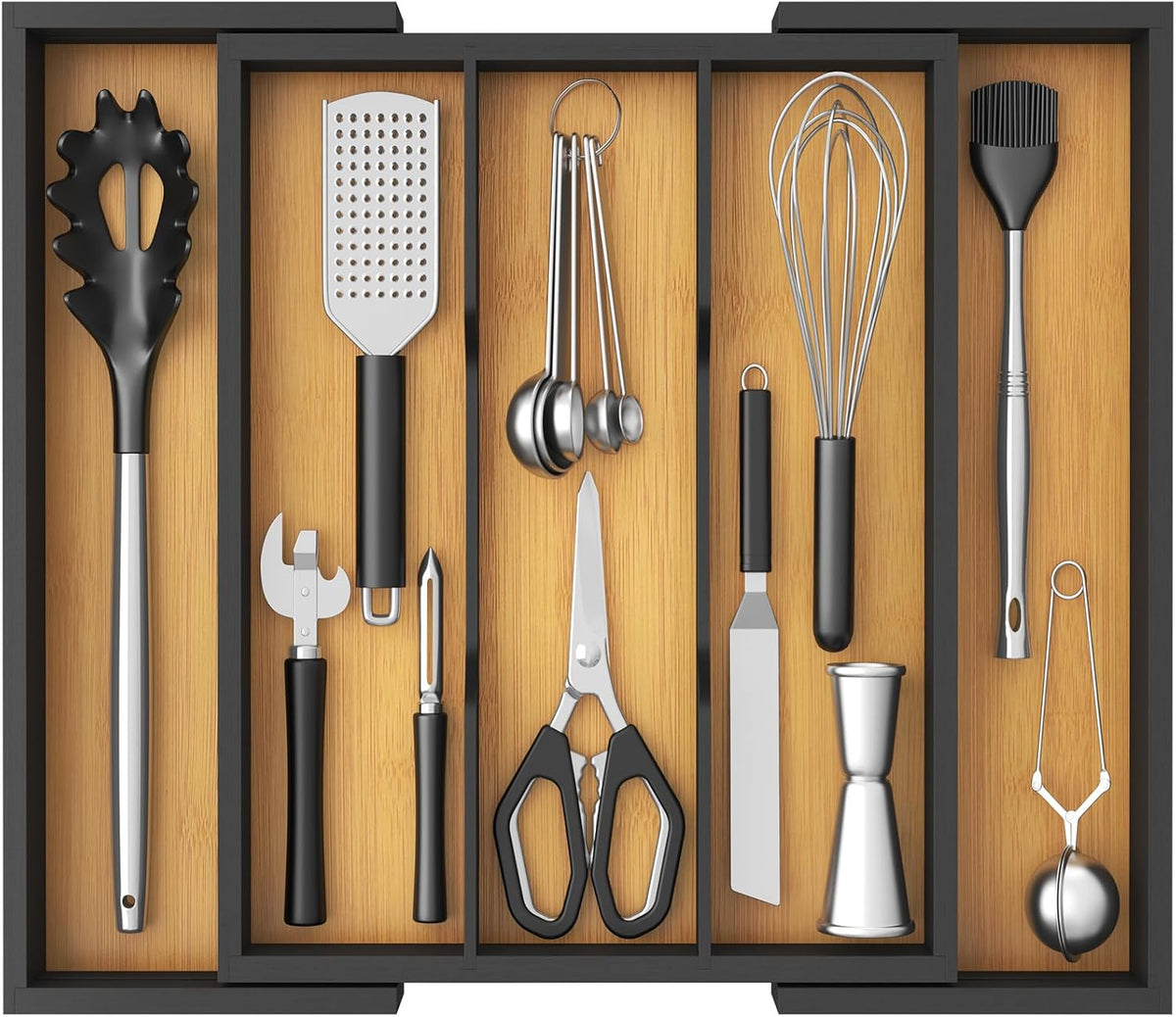 Utensil Organizer for Kitchen Drawer, Expandable Cooking Utensil Tray, Cutlery Silverware Flatware Holder, Wood Adjustable Spatula Tools Storage Divider, 8.9-15.8 x 15.75, Natural