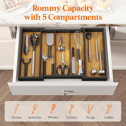 Utensil Organizer for Kitchen Drawer, Expandable Cooking Utensil Tray, Cutlery Silverware Flatware Holder, Wood Adjustable Spatula Tools Storage Divider, 8.9-15.8 x 15.75, Natural