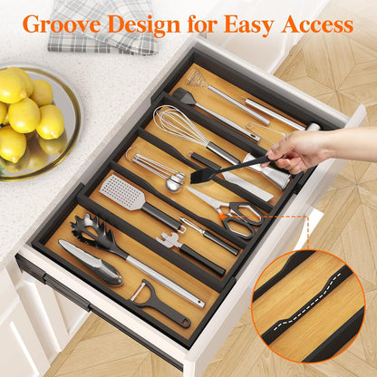 Utensil Organizer for Kitchen Drawer, Expandable Cooking Utensil Tray, Cutlery Silverware Flatware Holder, Wood Adjustable Spatula Tools Storage Divider, 8.9-15.8 x 15.75, Natural