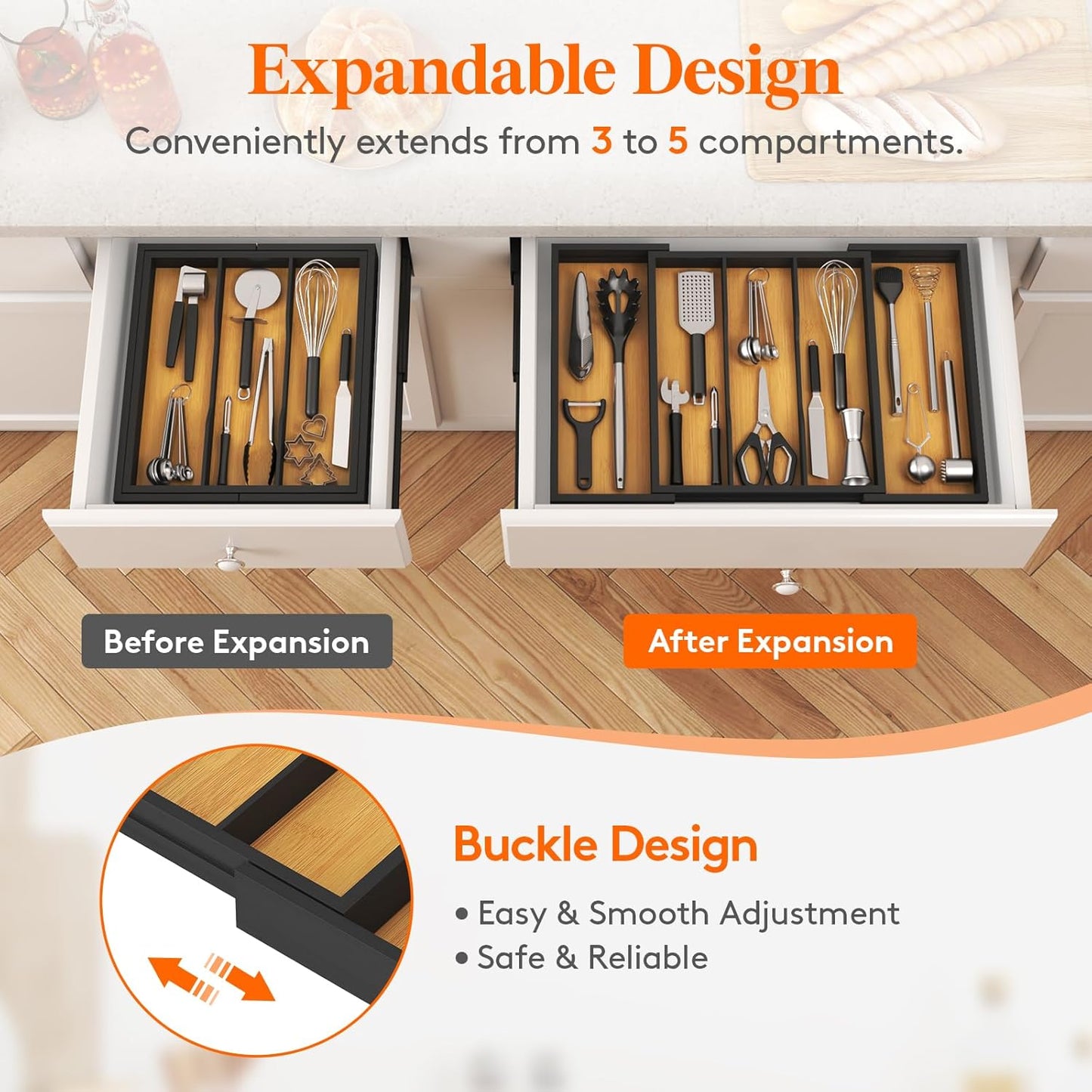 Utensil Organizer for Kitchen Drawer, Expandable Cooking Utensil Tray, Cutlery Silverware Flatware Holder, Wood Adjustable Spatula Tools Storage Divider, 8.9-15.8 x 15.75, Natural