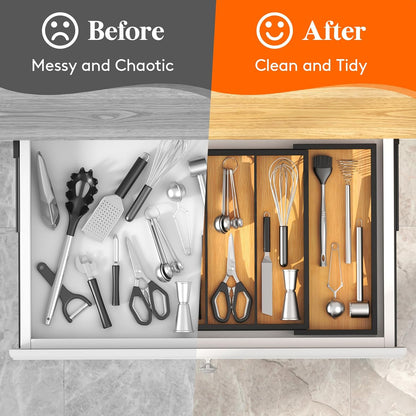 Utensil Organizer for Kitchen Drawer, Expandable Cooking Utensil Tray, Cutlery Silverware Flatware Holder, Wood Adjustable Spatula Tools Storage Divider, 8.9-15.8 x 15.75, Natural
