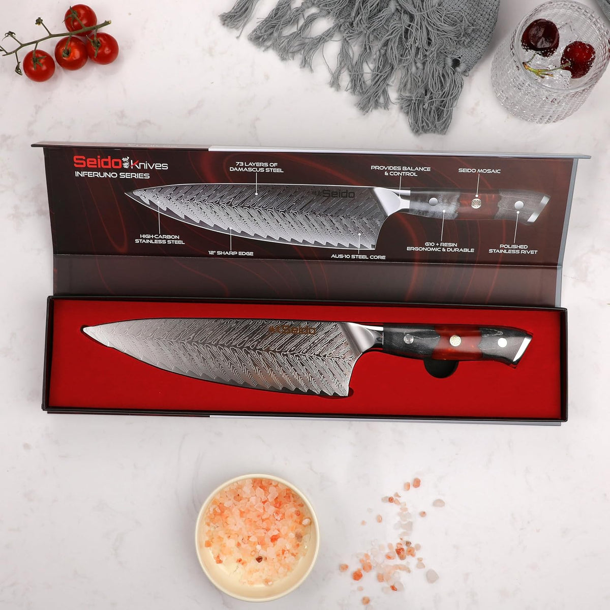 Seido Inferuno 8-Inch AUS-10 Damascus Gyuto Chef Knife