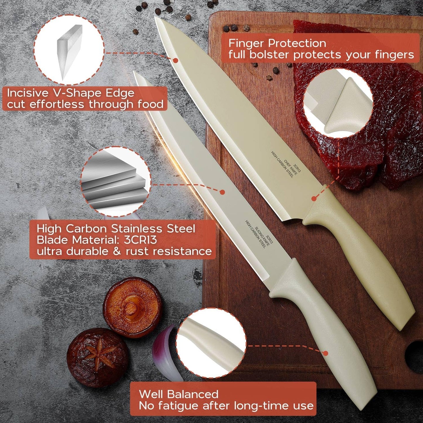 12 Pieces Kitchen Knife Set with Blade Guards, Stainless Steel Sharp Knife Set for Kitchen, Multicolor