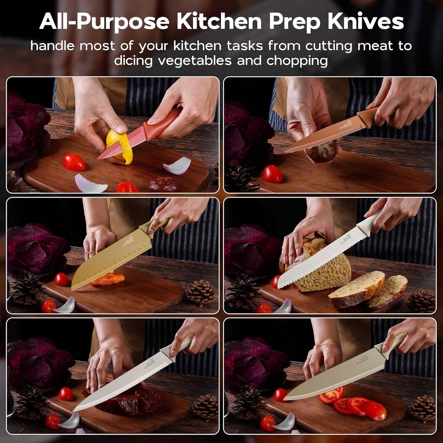 12 Pieces Kitchen Knife Set with Blade Guards, Stainless Steel Sharp Knife Set for Kitchen, Multicolor