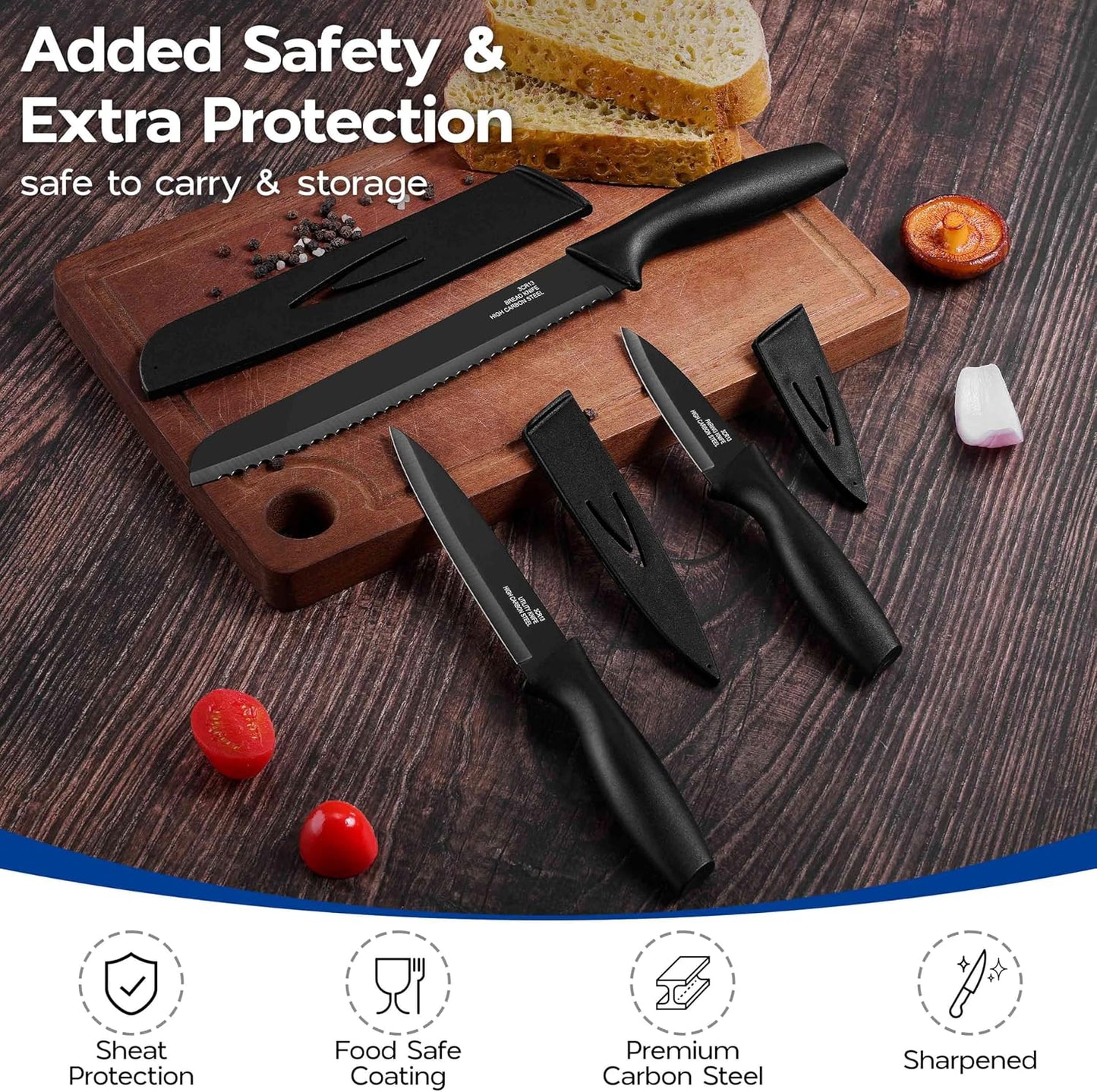 12 Pieces Kitchen Knife Set with Blade Guards, Stainless Steel Sharp Knife Set for Kitchen, Multicolor