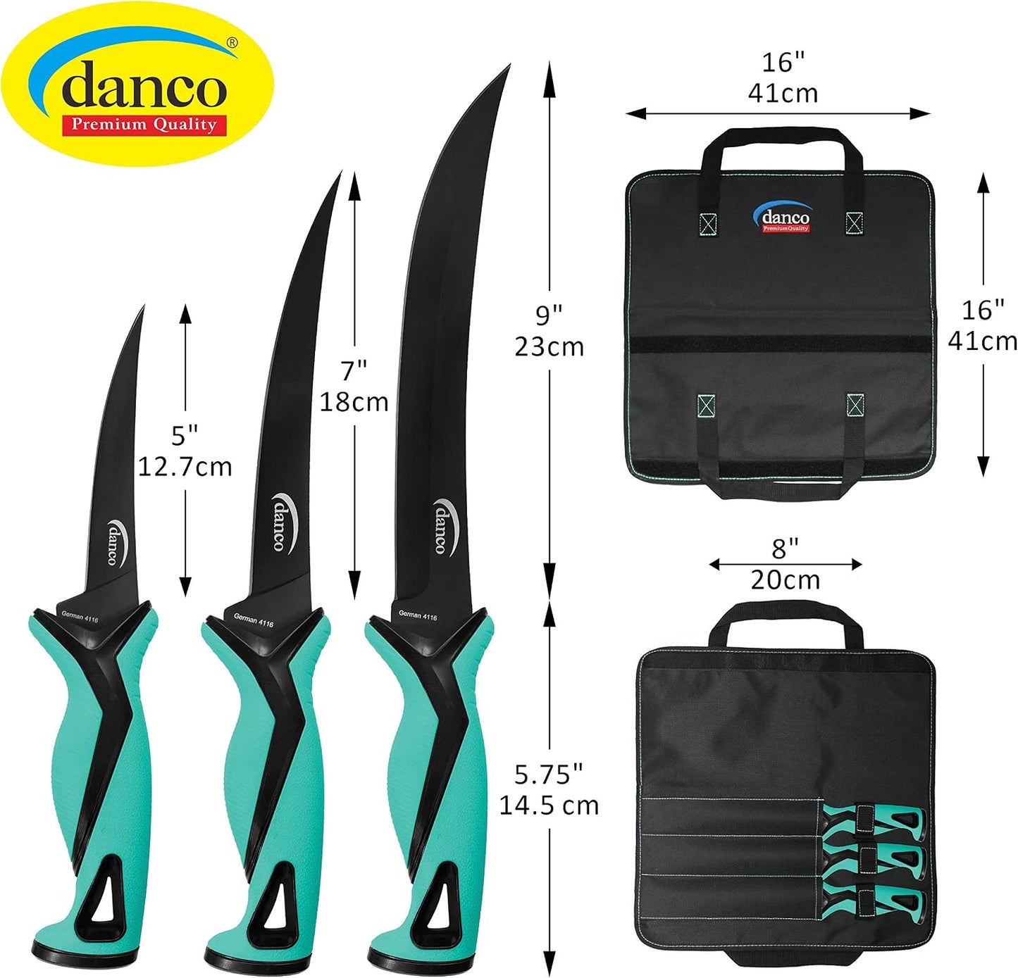 danco Pro Series Fillet Knife Kit | 5" & 7" Fillet Knives and 9" Stout Knife | Full Tang German G4116 Stainless-Steel Blades with Teflon Coating, Nylon Roll Up Sheath, (Seafoam)