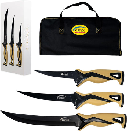 danco Pro Series Fillet Knife Kit | 5" & 7" Fillet Knives and 9" Stout Knife | Full Tang German G4116 Stainless-Steel Blades with Teflon Coating, Nylon Roll Up Sheath, (Seafoam)