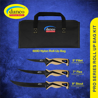 danco Pro Series Fillet Knife Kit | 5" & 7" Fillet Knives and 9" Stout Knife | Full Tang German G4116 Stainless-Steel Blades with Teflon Coating, Nylon Roll Up Sheath, (Seafoam)