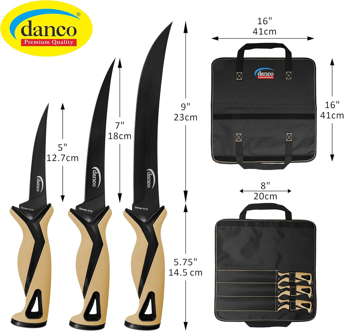 danco Pro Series Fillet Knife Kit | 5" & 7" Fillet Knives and 9" Stout Knife | Full Tang German G4116 Stainless-Steel Blades with Teflon Coating, Nylon Roll Up Sheath, (Seafoam)