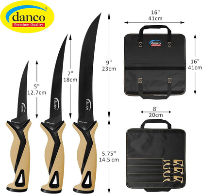 danco Pro Series Fillet Knife Kit | 5" & 7" Fillet Knives and 9" Stout Knife | Full Tang German G4116 Stainless-Steel Blades with Teflon Coating, Nylon Roll Up Sheath, (Seafoam)