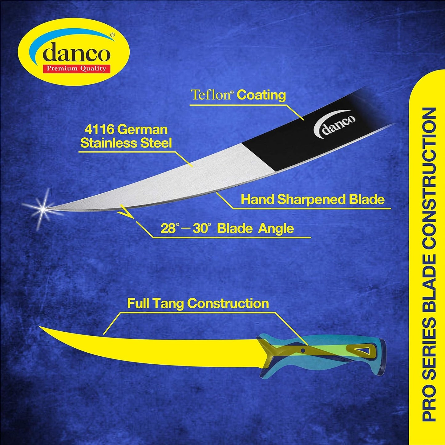 danco Pro Series Fillet Knife Kit | 5" & 7" Fillet Knives and 9" Stout Knife | Full Tang German G4116 Stainless-Steel Blades with Teflon Coating, Nylon Roll Up Sheath, (Seafoam)