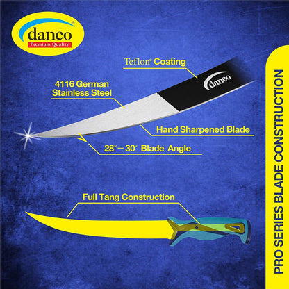 danco Pro Series Fillet Knife Kit | 5" & 7" Fillet Knives and 9" Stout Knife | Full Tang German G4116 Stainless-Steel Blades with Teflon Coating, Nylon Roll Up Sheath, (Seafoam)