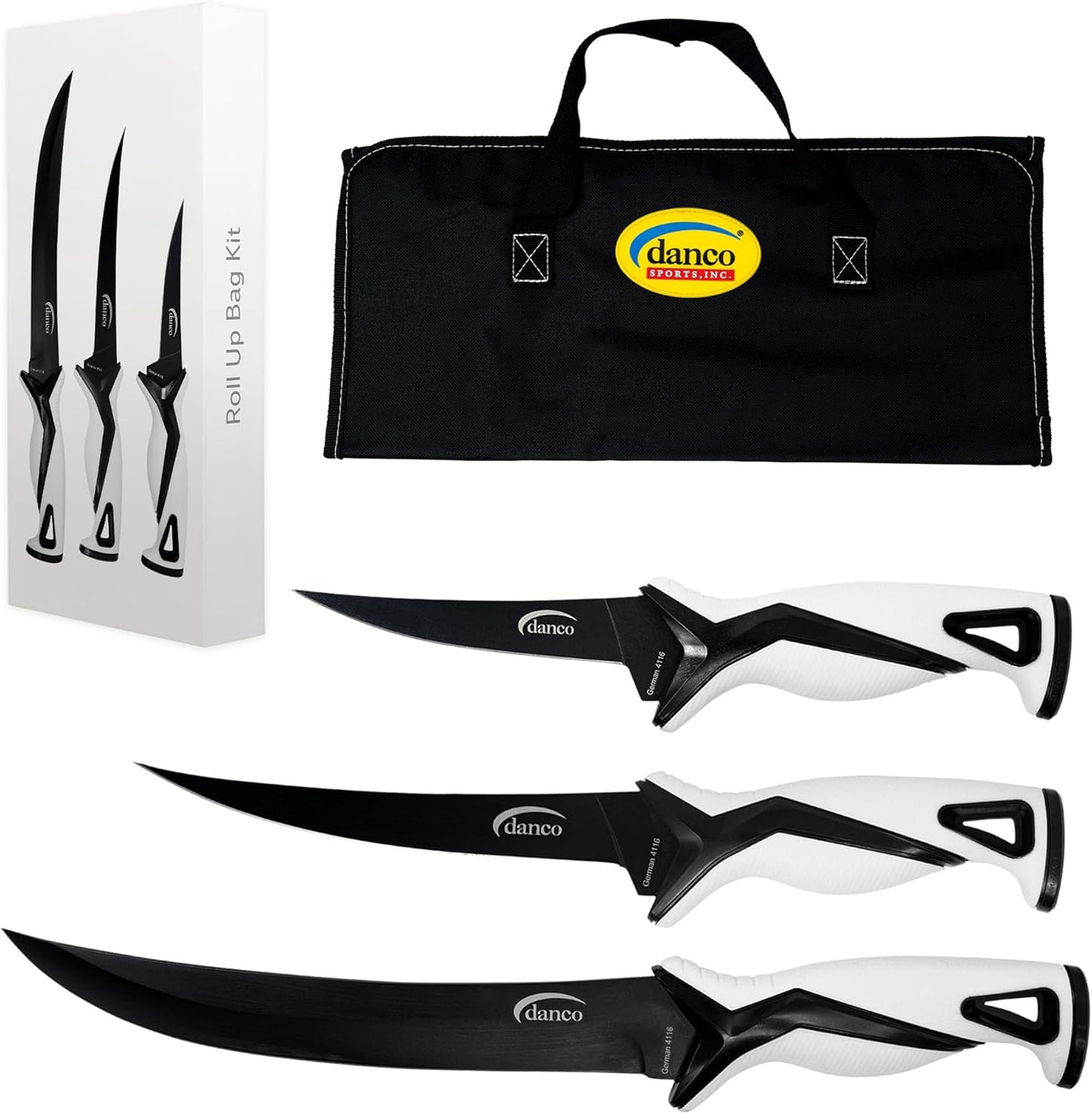 danco Pro Series Fillet Knife Kit | 5" & 7" Fillet Knives and 9" Stout Knife | Full Tang German G4116 Stainless-Steel Blades with Teflon Coating, Nylon Roll Up Sheath, (Seafoam)