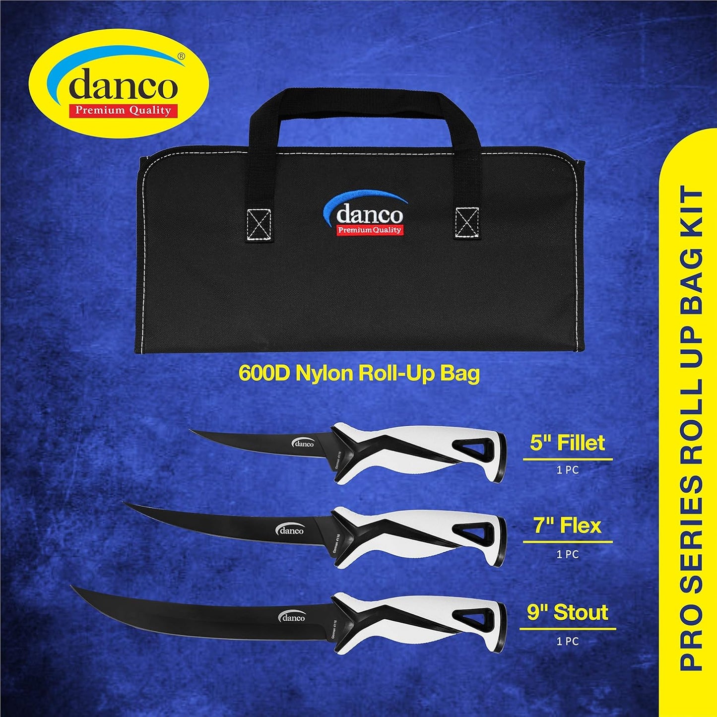 danco Pro Series Fillet Knife Kit | 5" & 7" Fillet Knives and 9" Stout Knife | Full Tang German G4116 Stainless-Steel Blades with Teflon Coating, Nylon Roll Up Sheath, (Seafoam)