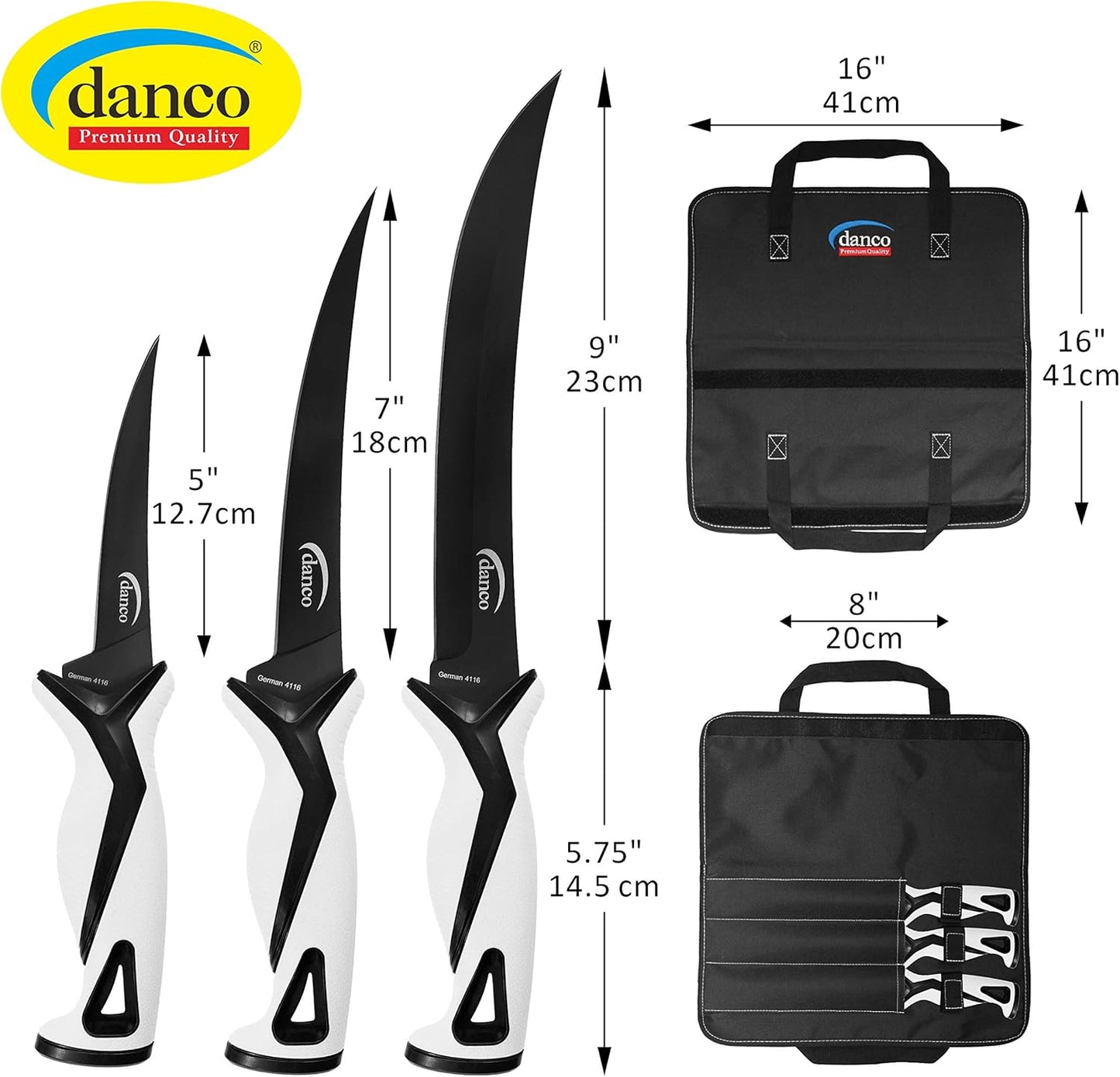 danco Pro Series Fillet Knife Kit | 5" & 7" Fillet Knives and 9" Stout Knife | Full Tang German G4116 Stainless-Steel Blades with Teflon Coating, Nylon Roll Up Sheath, (Seafoam)