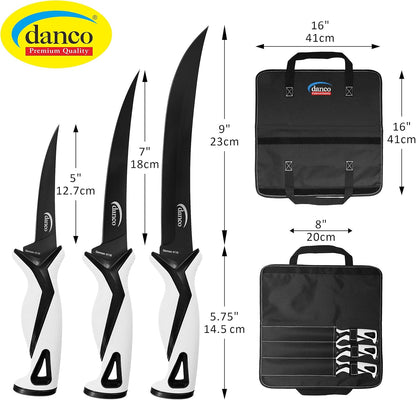 danco Pro Series Fillet Knife Kit | 5" & 7" Fillet Knives and 9" Stout Knife | Full Tang German G4116 Stainless-Steel Blades with Teflon Coating, Nylon Roll Up Sheath, (Seafoam)