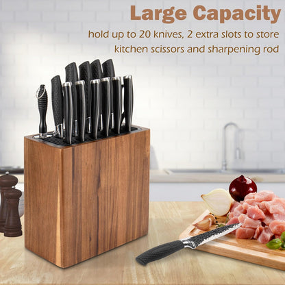 Acacia Wood Knife Storage Block - Universal Large Knife Block for Countertop, Wooden Knife Holder Organizer with Scissors & Sharpening Rod Slots - Kitchen Knife Block Storage for 15 Knives