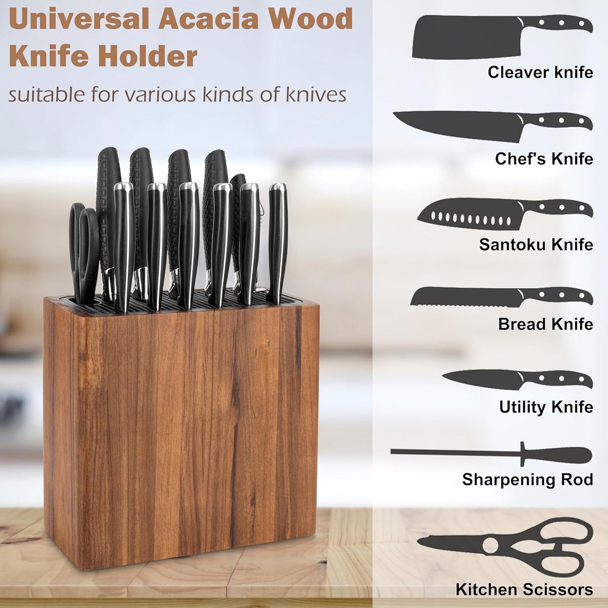 Acacia Wood Knife Storage Block - Universal Large Knife Block for Countertop, Wooden Knife Holder Organizer with Scissors & Sharpening Rod Slots - Kitchen Knife Block Storage for 15 Knives