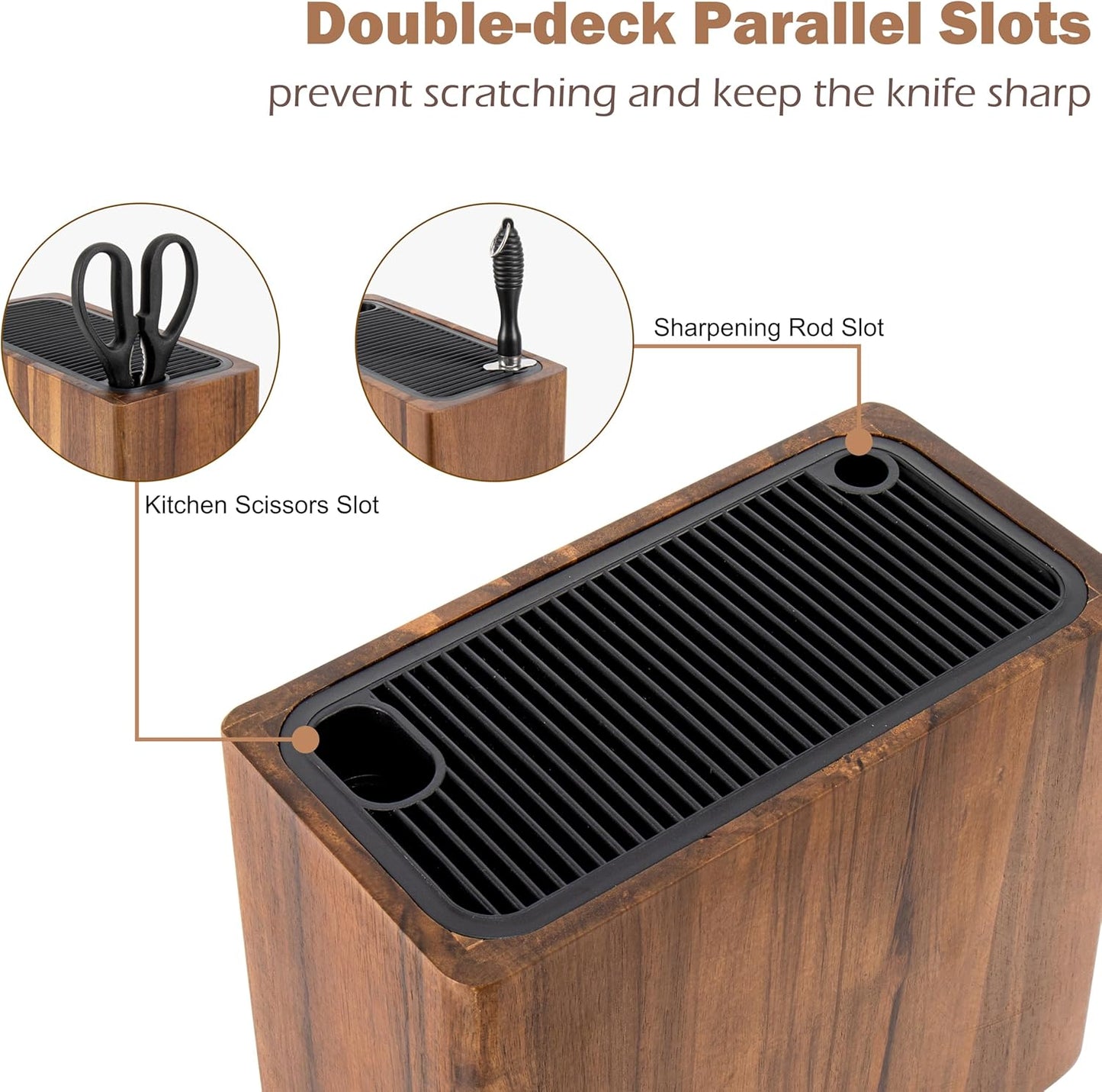 Acacia Wood Knife Storage Block - Universal Large Knife Block for Countertop, Wooden Knife Holder Organizer with Scissors & Sharpening Rod Slots - Kitchen Knife Block Storage for 15 Knives