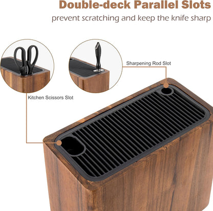 Acacia Wood Knife Storage Block - Universal Large Knife Block for Countertop, Wooden Knife Holder Organizer with Scissors & Sharpening Rod Slots - Kitchen Knife Block Storage for 15 Knives