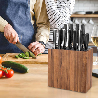 Acacia Wood Knife Storage Block - Universal Large Knife Block for Countertop, Wooden Knife Holder Organizer with Scissors & Sharpening Rod Slots - Kitchen Knife Block Storage for 15 Knives