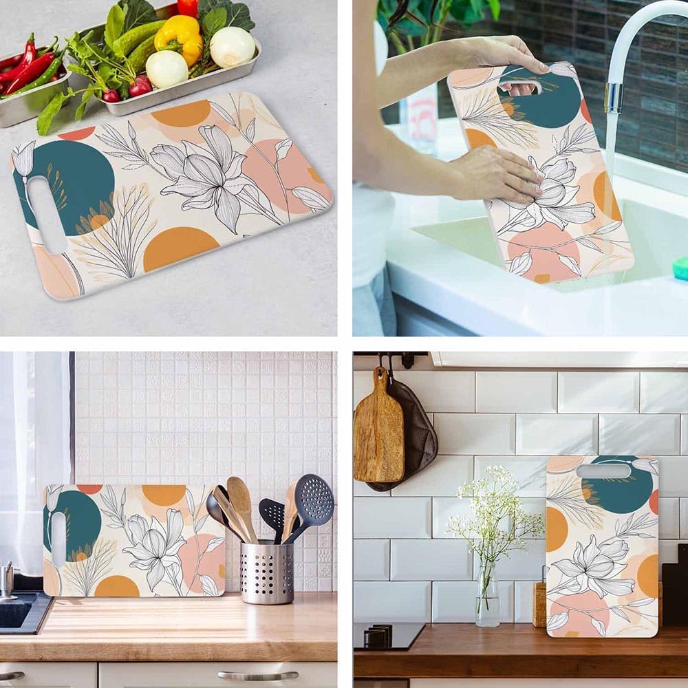 Coffee Set Cutting Board with Handles Coffee Maker Muffin Cup Flower Hot Drink Love Cutting Boards Plastic Safe Chopping Board for Kitchen 16" x 10" x 0.24"