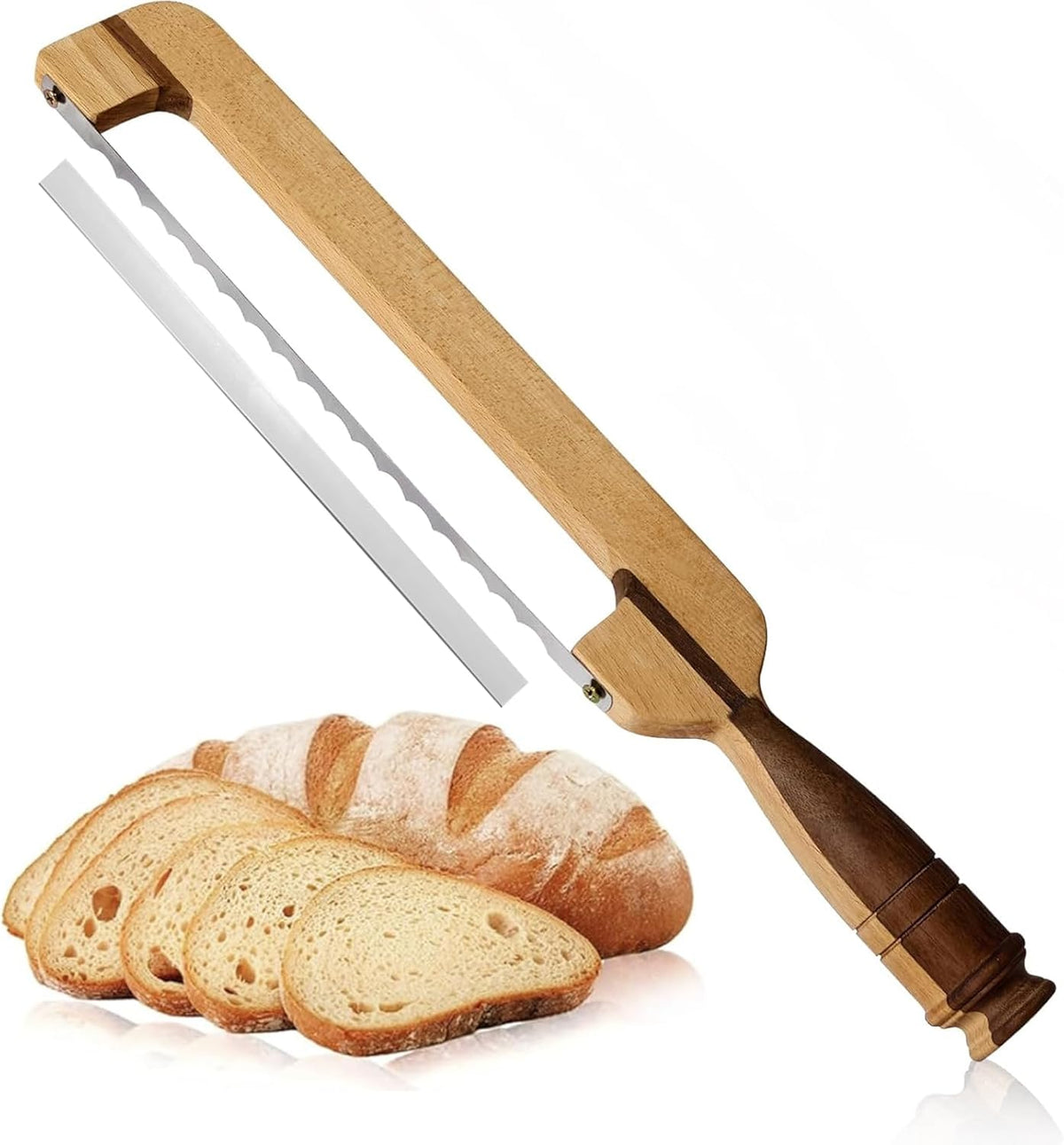 Original Design 16.8" Wooden Bread Knife - Fiddle Bow Handle for Sourdough, Homemade & Artisan Breads with Protective Cover & Ergonomic Wood Handle