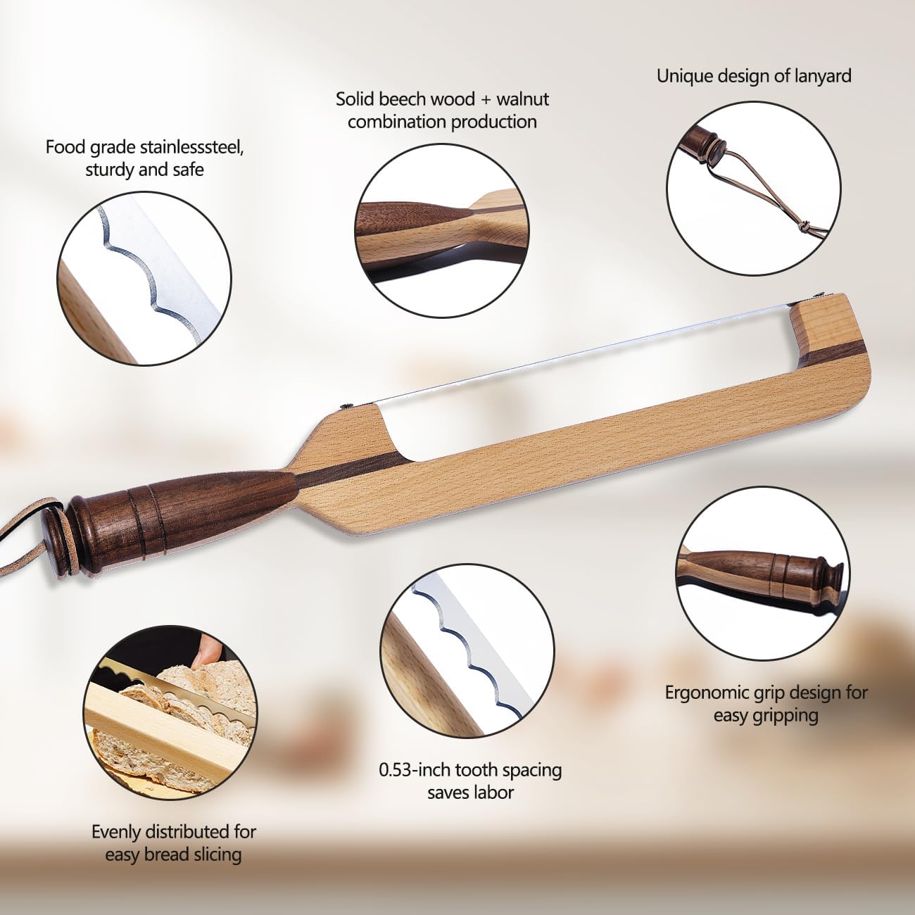 Original Design 16.8" Wooden Bread Knife - Fiddle Bow Handle for Sourdough, Homemade & Artisan Breads with Protective Cover & Ergonomic Wood Handle