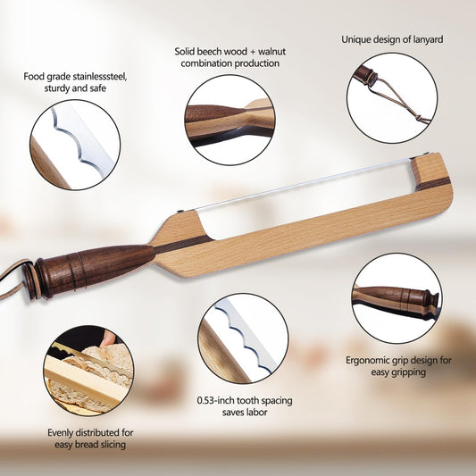 Original Design 16.8" Wooden Bread Knife - Fiddle Bow Handle for Sourdough, Homemade & Artisan Breads with Protective Cover & Ergonomic Wood Handle