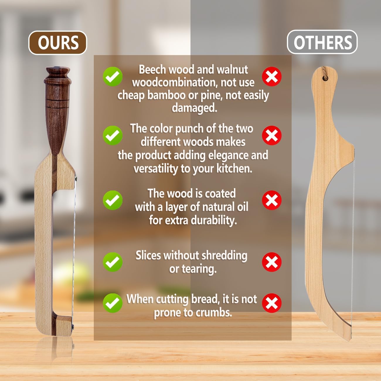 Original Design 16.8" Wooden Bread Knife - Fiddle Bow Handle for Sourdough, Homemade & Artisan Breads with Protective Cover & Ergonomic Wood Handle