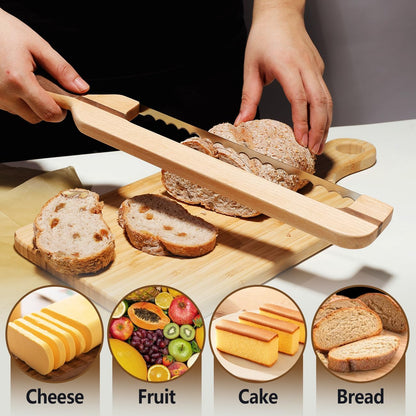 Original Design 16.8" Wooden Bread Knife - Fiddle Bow Handle for Sourdough, Homemade & Artisan Breads with Protective Cover & Ergonomic Wood Handle