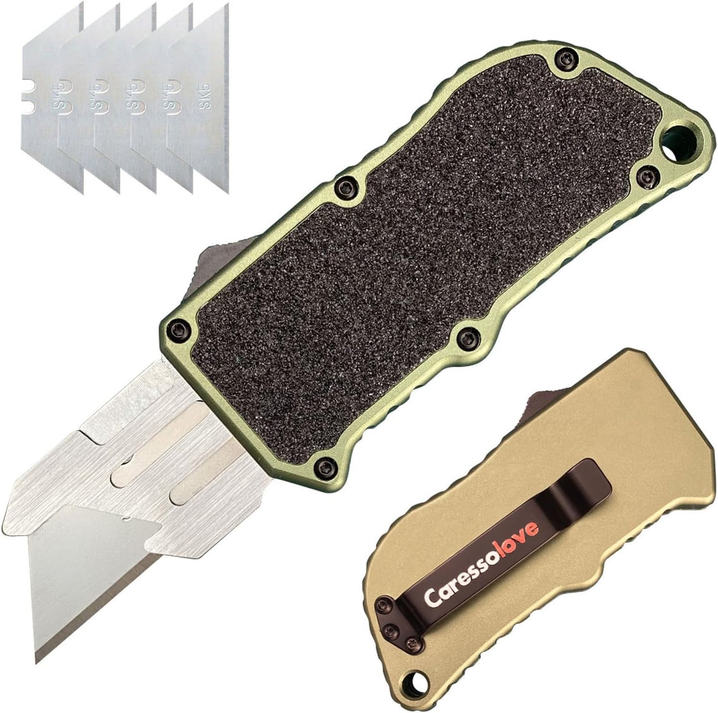𝗖𝗮𝗿𝗲𝘀𝘀𝗼𝗹𝗼𝘃𝗲 Automatic Utility Knife, Aviation Aluminium Changeable Blade Box Cutter, Double Action Auto Retractable Razor Knife, Out The Front Automatic Pocket Knife With 5pcs Spare Blades