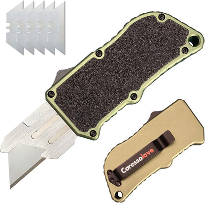 𝗖𝗮𝗿𝗲𝘀𝘀𝗼𝗹𝗼𝘃𝗲 Automatic Utility Knife, Aviation Aluminium Changeable Blade Box Cutter, Double Action Auto Retractable Razor Knife, Out The Front Automatic Pocket Knife With 5pcs Spare Blades