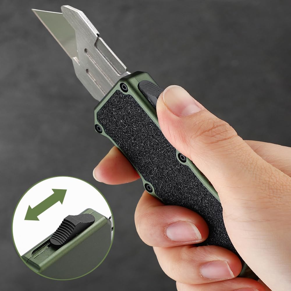 𝗖𝗮𝗿𝗲𝘀𝘀𝗼𝗹𝗼𝘃𝗲 Automatic Utility Knife, Aviation Aluminium Changeable Blade Box Cutter, Double Action Auto Retractable Razor Knife, Out The Front Automatic Pocket Knife With 5pcs Spare Blades