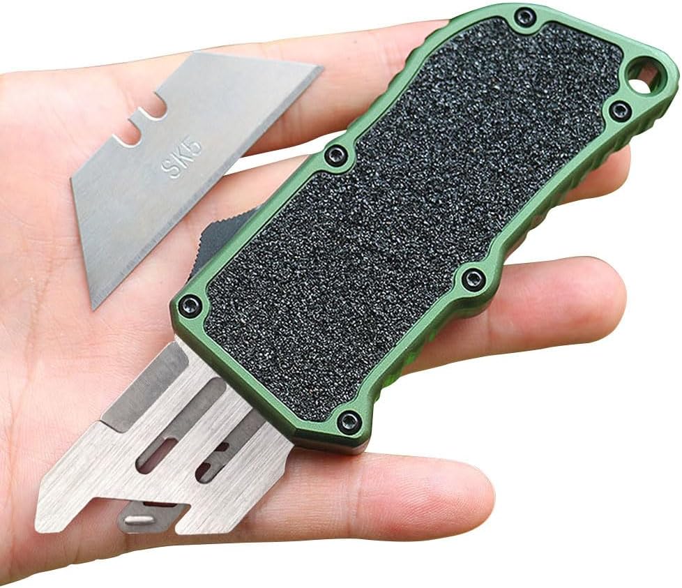 𝗖𝗮𝗿𝗲𝘀𝘀𝗼𝗹𝗼𝘃𝗲 Automatic Utility Knife, Aviation Aluminium Changeable Blade Box Cutter, Double Action Auto Retractable Razor Knife, Out The Front Automatic Pocket Knife With 5pcs Spare Blades