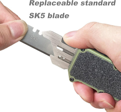𝗖𝗮𝗿𝗲𝘀𝘀𝗼𝗹𝗼𝘃𝗲 Automatic Utility Knife, Aviation Aluminium Changeable Blade Box Cutter, Double Action Auto Retractable Razor Knife, Out The Front Automatic Pocket Knife With 5pcs Spare Blades
