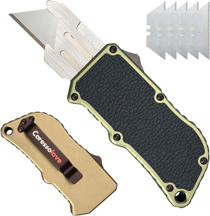 𝗖𝗮𝗿𝗲𝘀𝘀𝗼𝗹𝗼𝘃𝗲 Automatic Utility Knife, Aviation Aluminium Changeable Blade Box Cutter, Double Action Auto Retractable Razor Knife, Out The Front Automatic Pocket Knife With 5pcs Spare Blades
